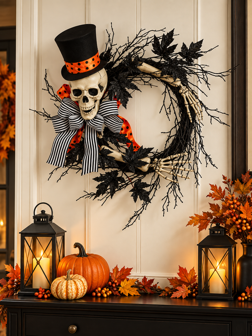 26-Inch Skeleton Halloween Wreath