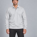 Front cropped view of a man wearing a white long-sleeve polo shirt with a subtle textured pattern