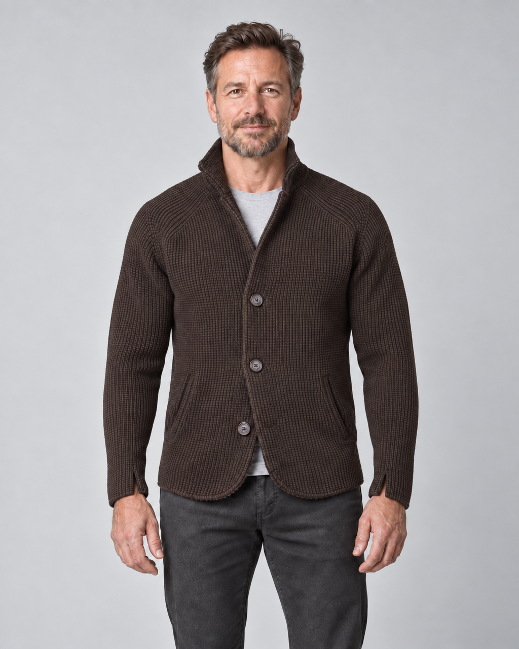 Men's brown textured jacket with a stand collar, three-button front and angled pockets, shown from the front