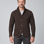 Men's brown textured jacket with a stand collar, three-button front and angled pockets, shown from the front