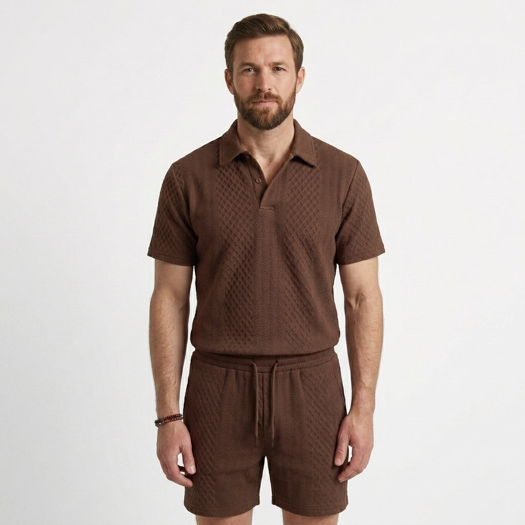 Textured Knit Polo Shirt and Shorts Set For Men
