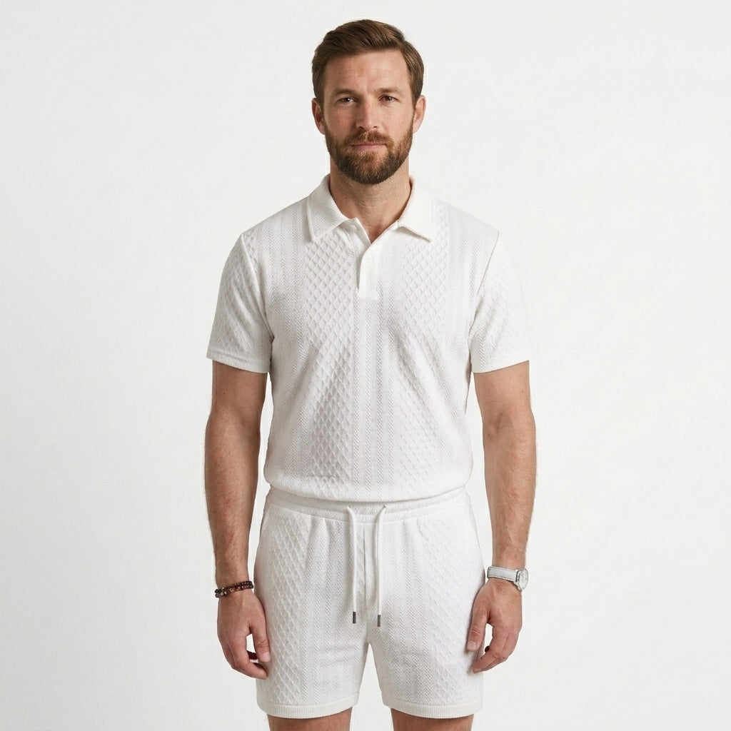 Textured Knit Polo Shirt and Shorts Set For Men