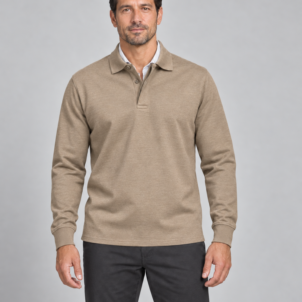 Front cropped view of a model wearing a khaki long-sleeve polo shirt with a buttoned collar