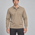 Front cropped view of a model wearing a khaki long-sleeve polo shirt with a buttoned collar