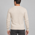 Cream cable-knit jumper shown from the rear, cropped from head to upper thighs