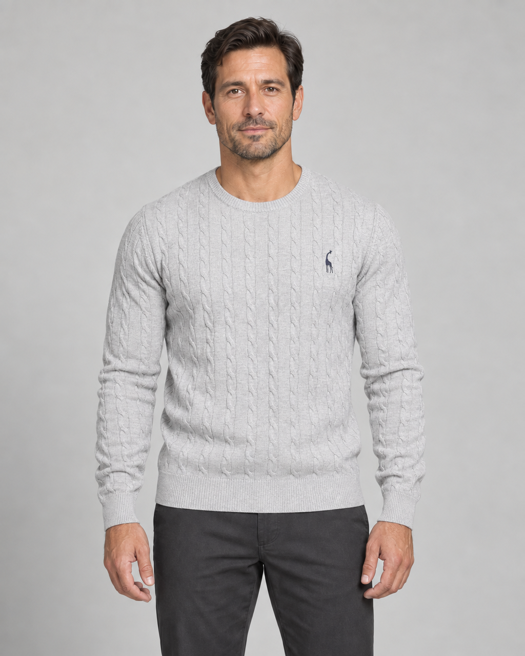 Front cropped view of a light grey cable-knit crew-neck jumper with a small dark chest motif