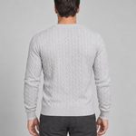 Back-view concept of a light grey cable-knit crew-neck jumper with long sleeves and ribbed trims.