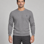 Grey cable-knit crew-neck jumper, shown from the front, with ribbed trims and a small dark chest motif.