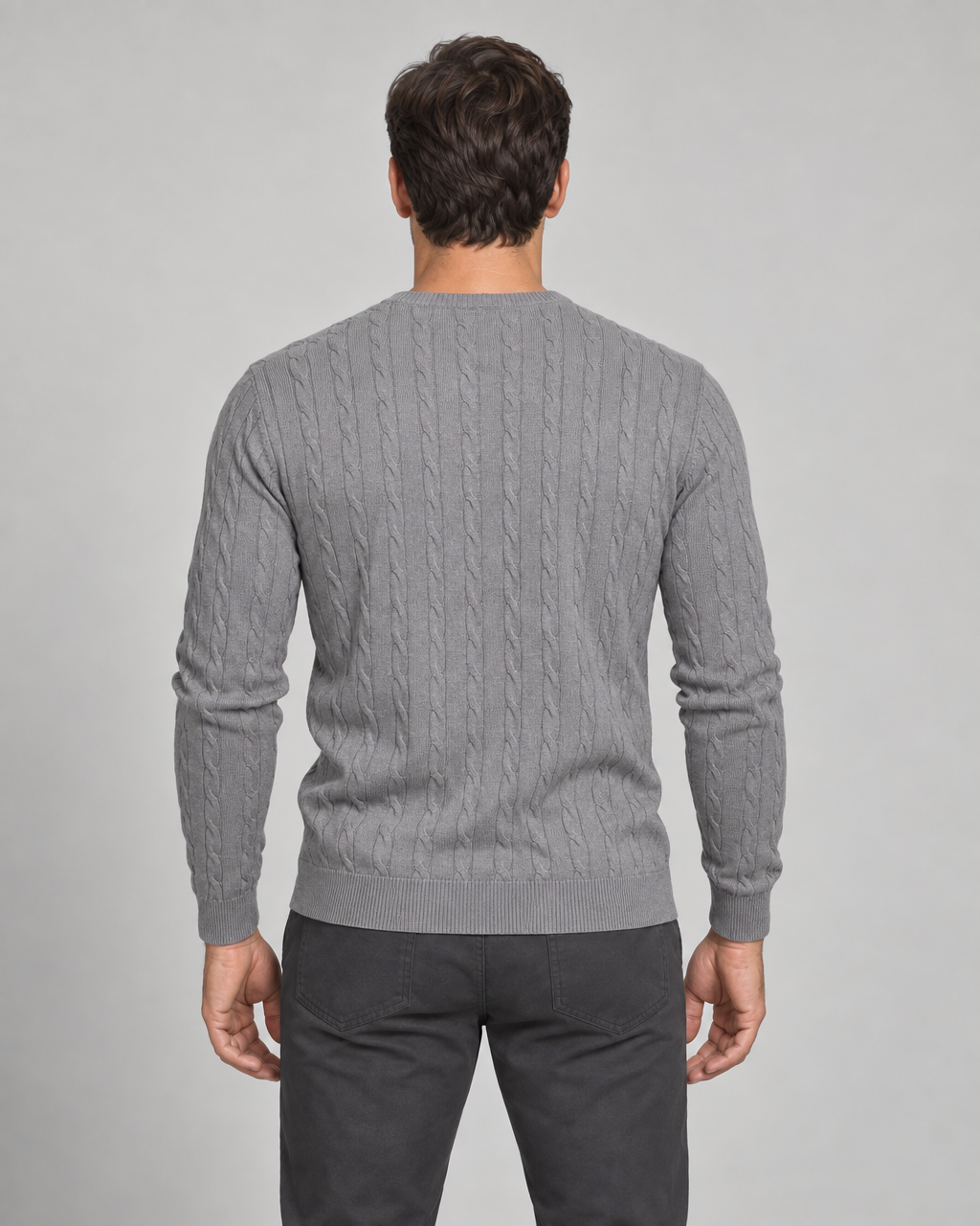 Men's grey cable-knit crew-neck jumper, shown from behind