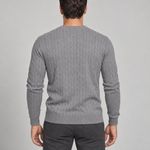 Men's grey cable-knit crew-neck jumper, shown from behind