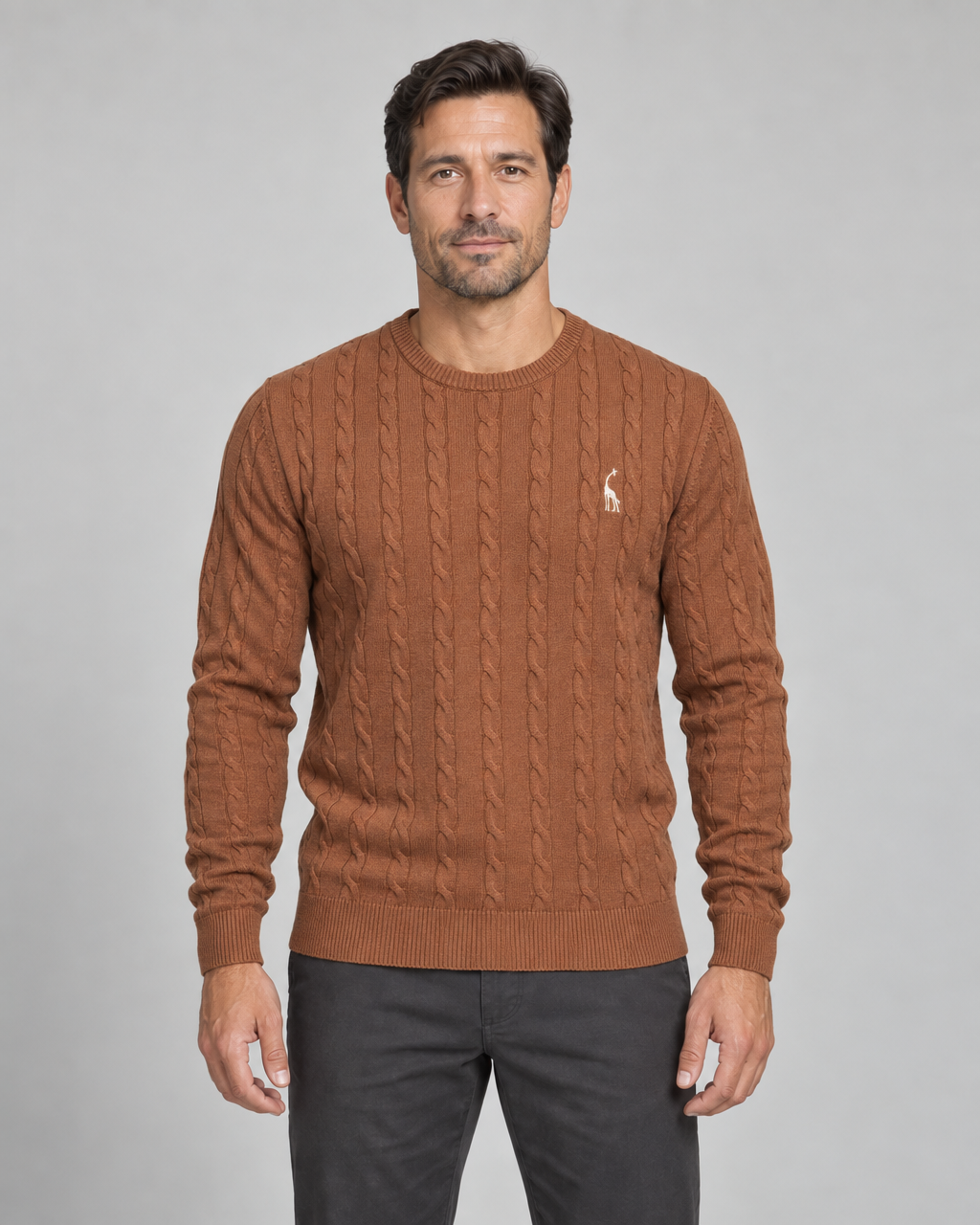 Front cropped view of a man wearing a brown cable-knit crew-neck jumper with a small white chest motif.