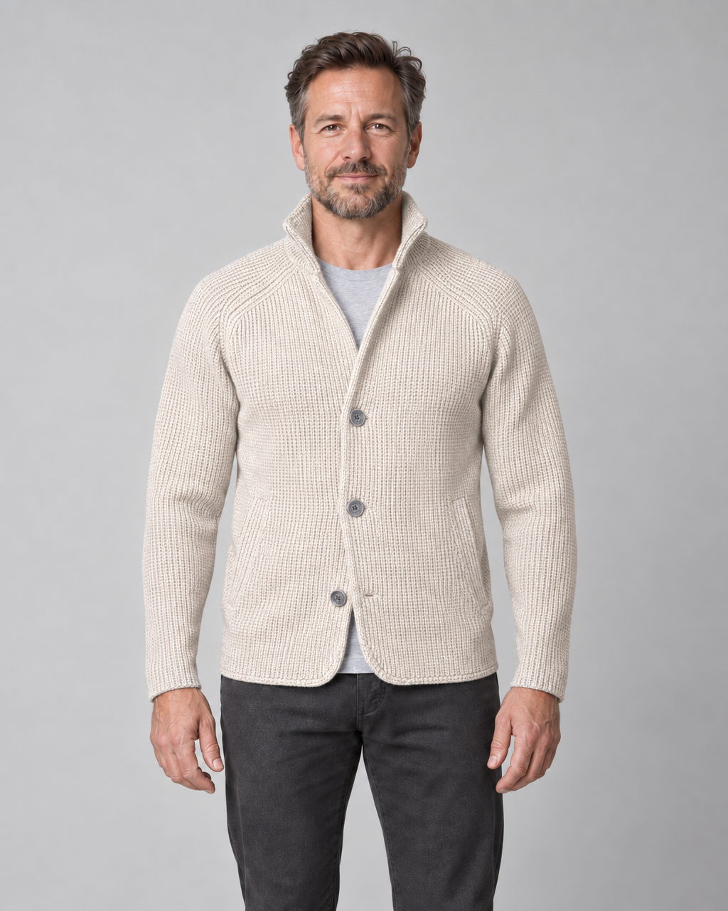 Men's beige textured jacket with stand collar and three-button front, shown from the front