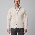 Men's beige textured jacket with stand collar and three-button front, shown from the front