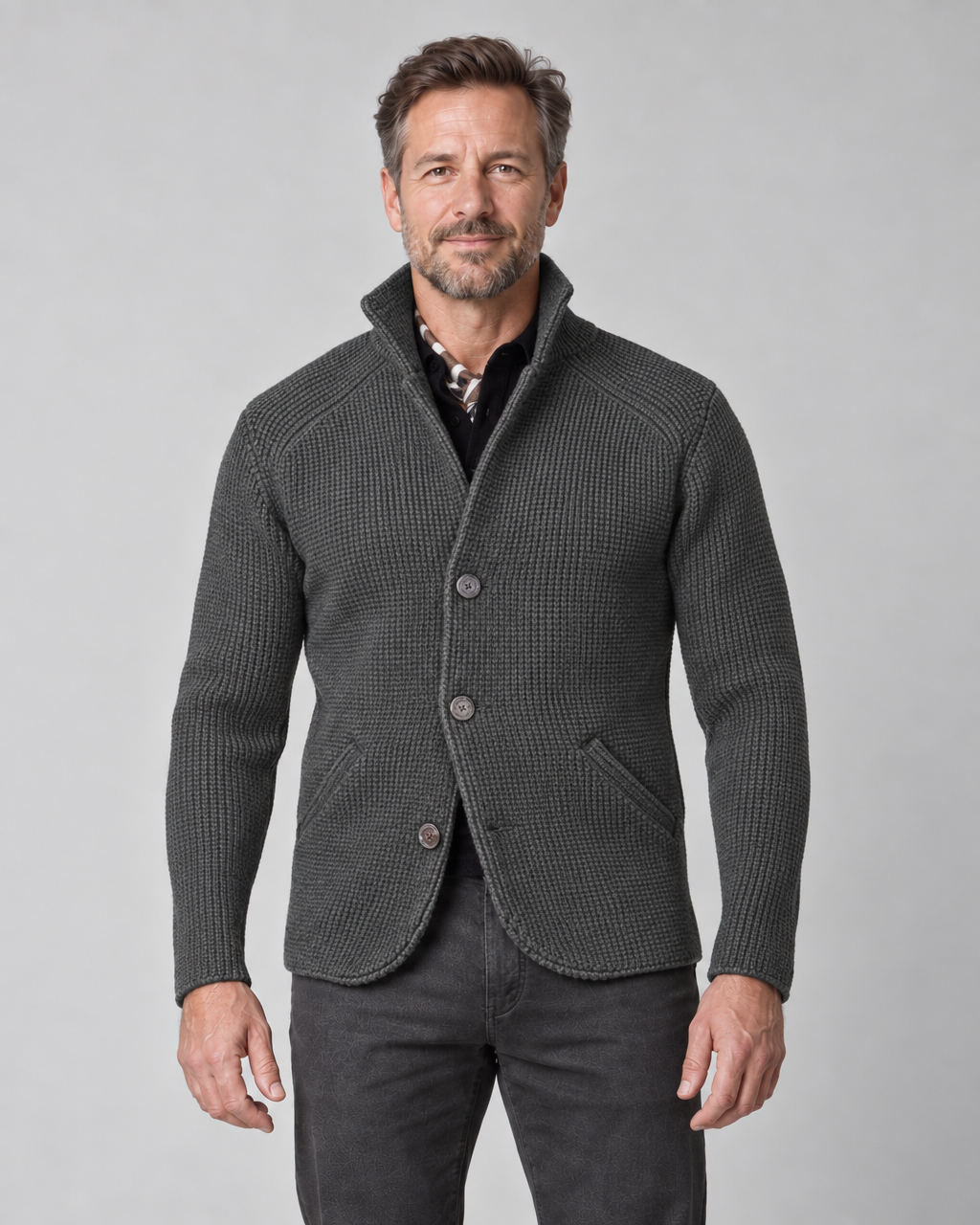Front cropped view of a grey textured jacket with a stand collar, three buttons and two angled pockets.