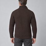 Cropped back view of a man wearing a dark brown ribbed jacket with a high collar