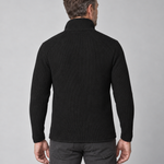 Back view of a man wearing a black ribbed knit jacket with a high collar and long sleeves