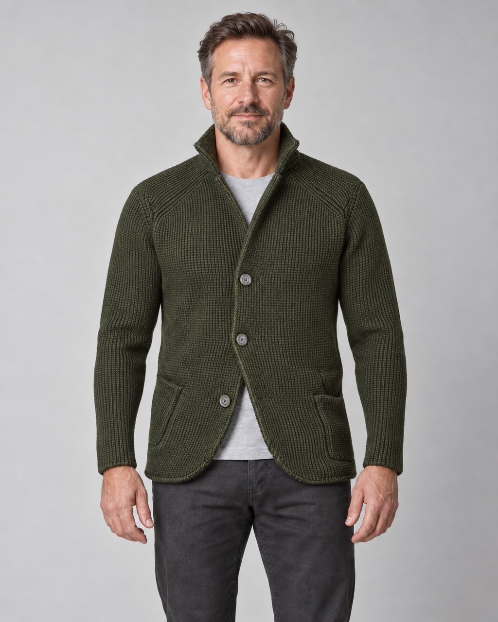 Front cropped view of a man wearing a dark green textured button-up jacket with a stand collar and patch pockets
