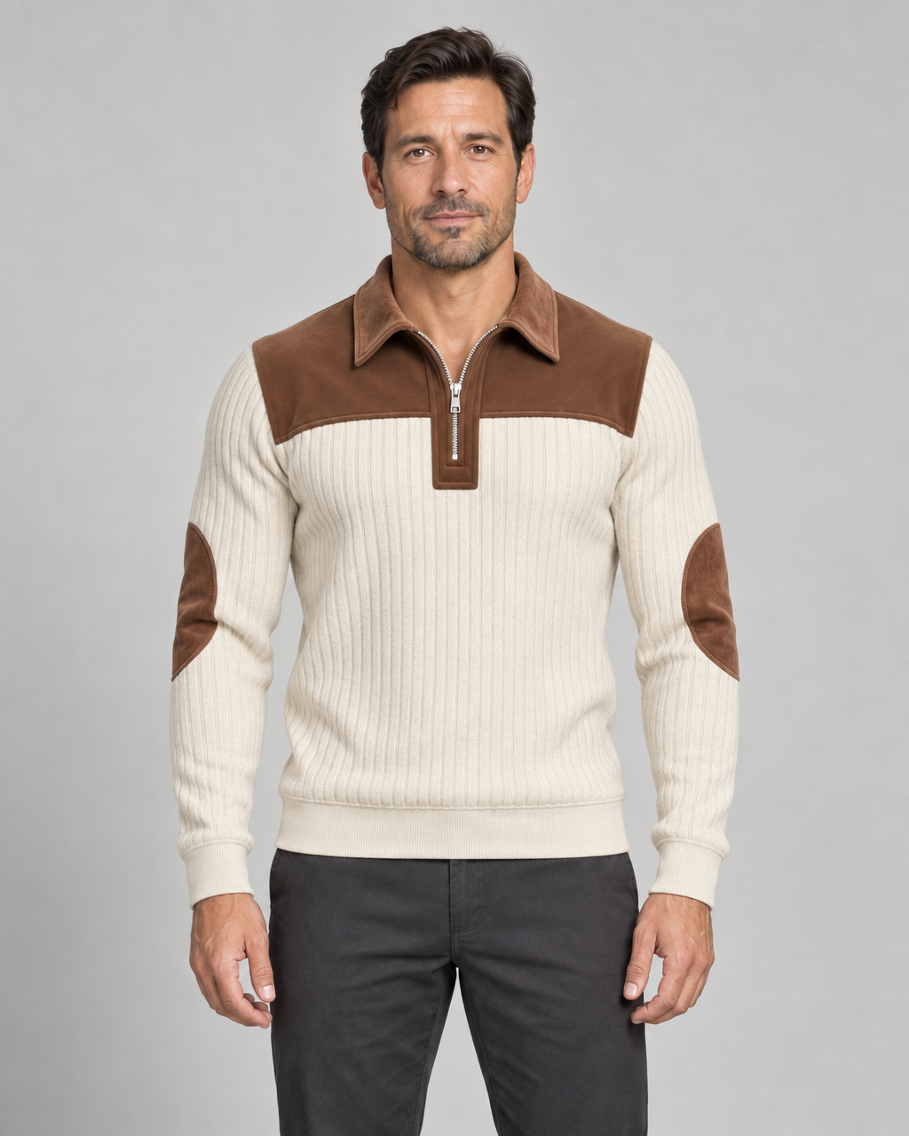 Front view of a beige ribbed quarter-zip jumper with brown yoke, collar and elbow patches.