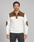 Front cropped view of a white ribbed jumper with a brown shoulder yoke, zip collar and elbow patches.