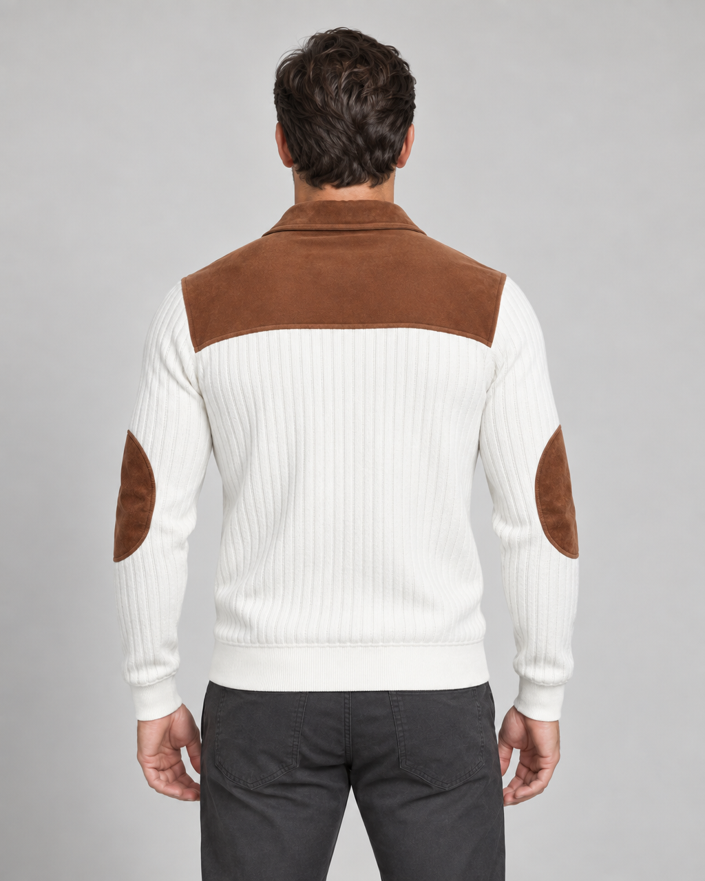 Back-view concept of a white ribbed jumper with a brown collar, shoulder yoke and elbow patches.