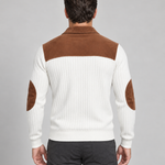 Back-view concept of a white ribbed jumper with a brown collar, shoulder yoke and elbow patches.