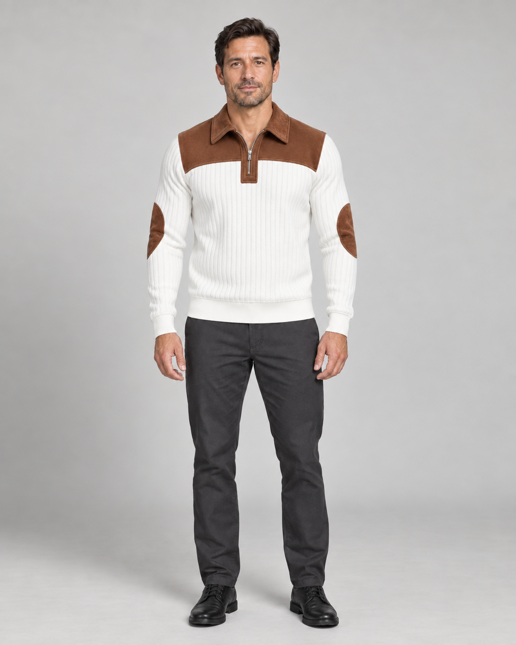 Front full-body view of a white ribbed quarter-zip jumper with brown shoulder panels and elbow patches.