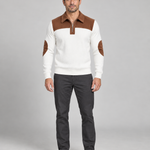 Front full-body view of a white ribbed quarter-zip jumper with brown shoulder panels and elbow patches.