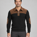 Front view of a black ribbed quarter-zip jumper with a brown collar, shoulder yoke and elbow patches.
