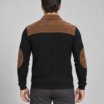 Back crop of a black ribbed men's sweater with a brown shoulder yoke, collar and elbow patches