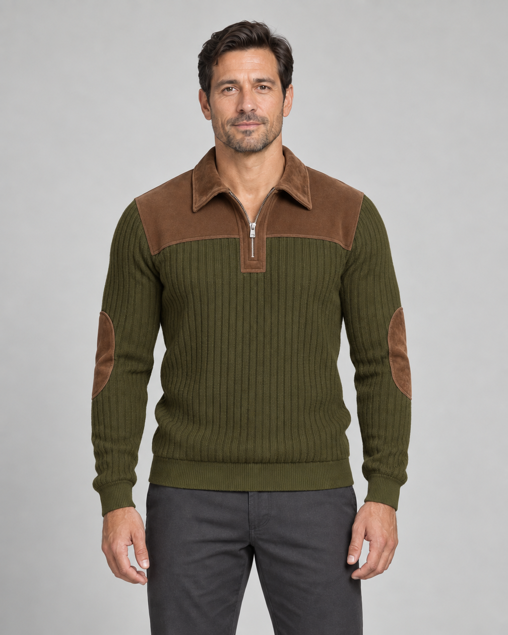 Front view of a green ribbed jumper with a brown collar, shoulder panel, elbow patches and quarter zip