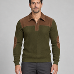 Front view of a green ribbed jumper with a brown collar, shoulder panel, elbow patches and quarter zip