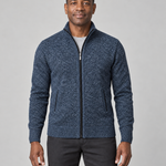Front view of a model wearing a blue marled zip-up sweater with a stand collar and two side pockets
