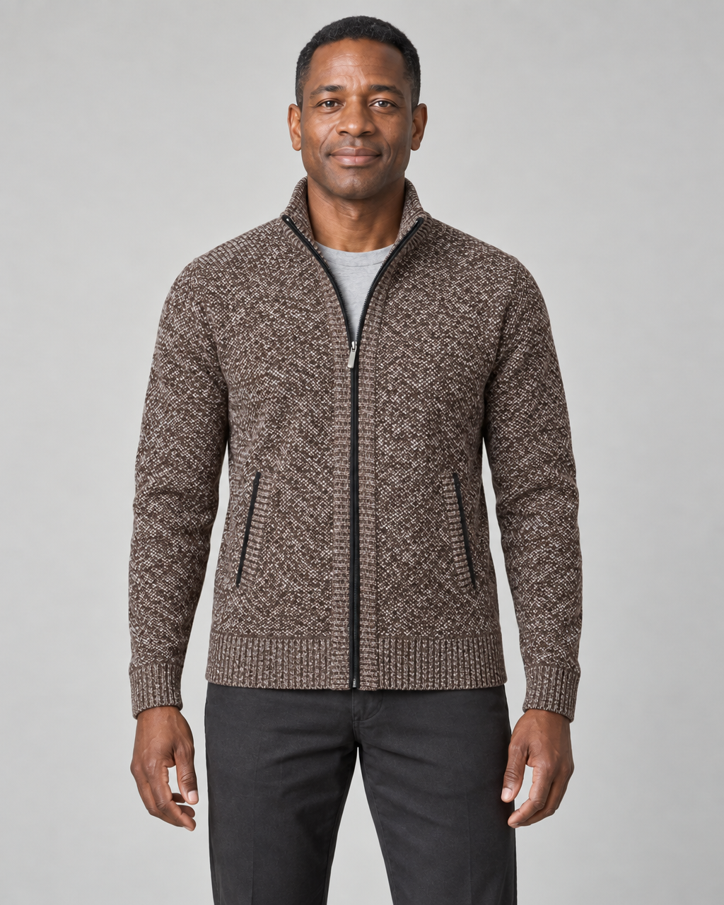 Brown marl zip-up sweater with stand collar and two front zip pockets, shown from the front.