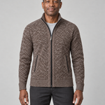 Brown marl zip-up sweater with stand collar and two front zip pockets, shown from the front.