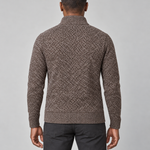 Back view of a brown speckled high-neck sweater with ribbed collar, cuffs and hem