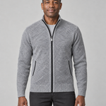 Front view of a light grey zip-up sweater with a stand collar, ribbed trims and black-edged front pockets.