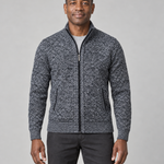Front cropped view of a dark grey mottled zip-up men's sweater with a stand collar and two side pockets.
