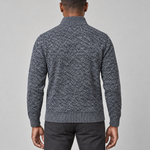 Rear view of a dark grey speckled jumper with a high ribbed neck, hem and cuffs.