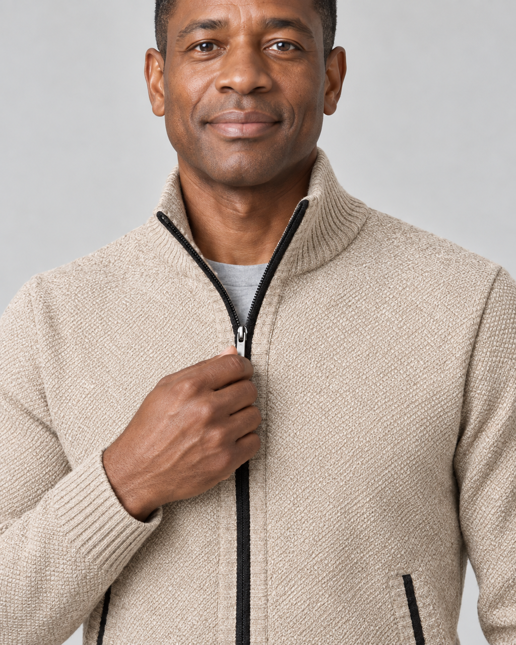 Close-up of a light khaki textured zip-up jumper with a ribbed high collar and black zip detailing.