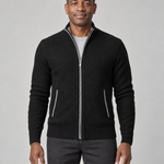 Front view of a black zip-up sweater with a ribbed stand collar, hem and cuffs, plus white trim at the zip and pockets.