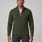 Front cropped view of a man wearing a green textured zip-up sweater with a stand collar and two front pockets