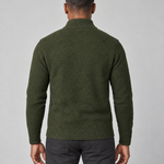Back view of a man wearing an olive green textured sweater with a ribbed high collar, cuffs and hem.