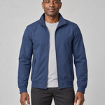 Front cropped view of a man wearing an open blue zip-up jacket with raised collar and zipped side pockets