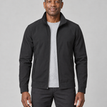 Front cropped view of a man wearing an open black zip-up jacket with a stand collar and zipped side pockets