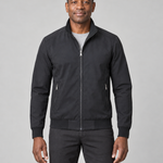 Man wearing a black zip-up jacket with a stand collar, ribbed cuffs and hem, and two zipped pockets, front view
