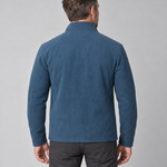 Concept image of a man from behind wearing a blue jacket with a stand collar and long sleeves