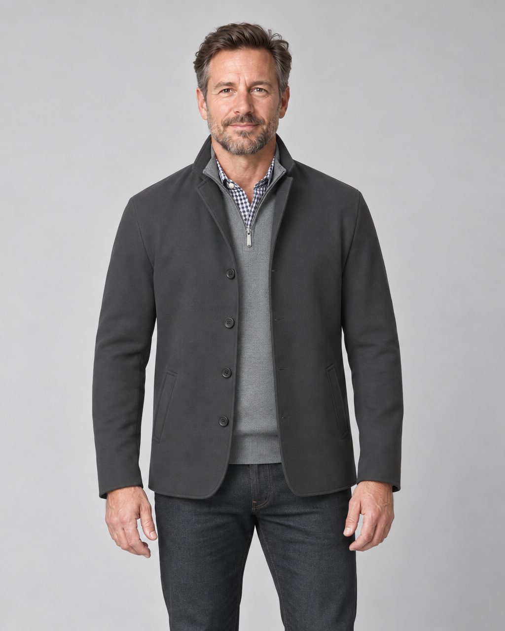Front view of a men's dark grey blazer with a stand collar, four-button fastening and angled side pockets