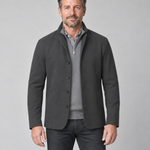 Front view of a men's dark grey blazer with a stand collar, four-button fastening and angled side pockets