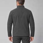 Cropped rear view of a man wearing a dark grey jacket with a stand collar and centre back seam.