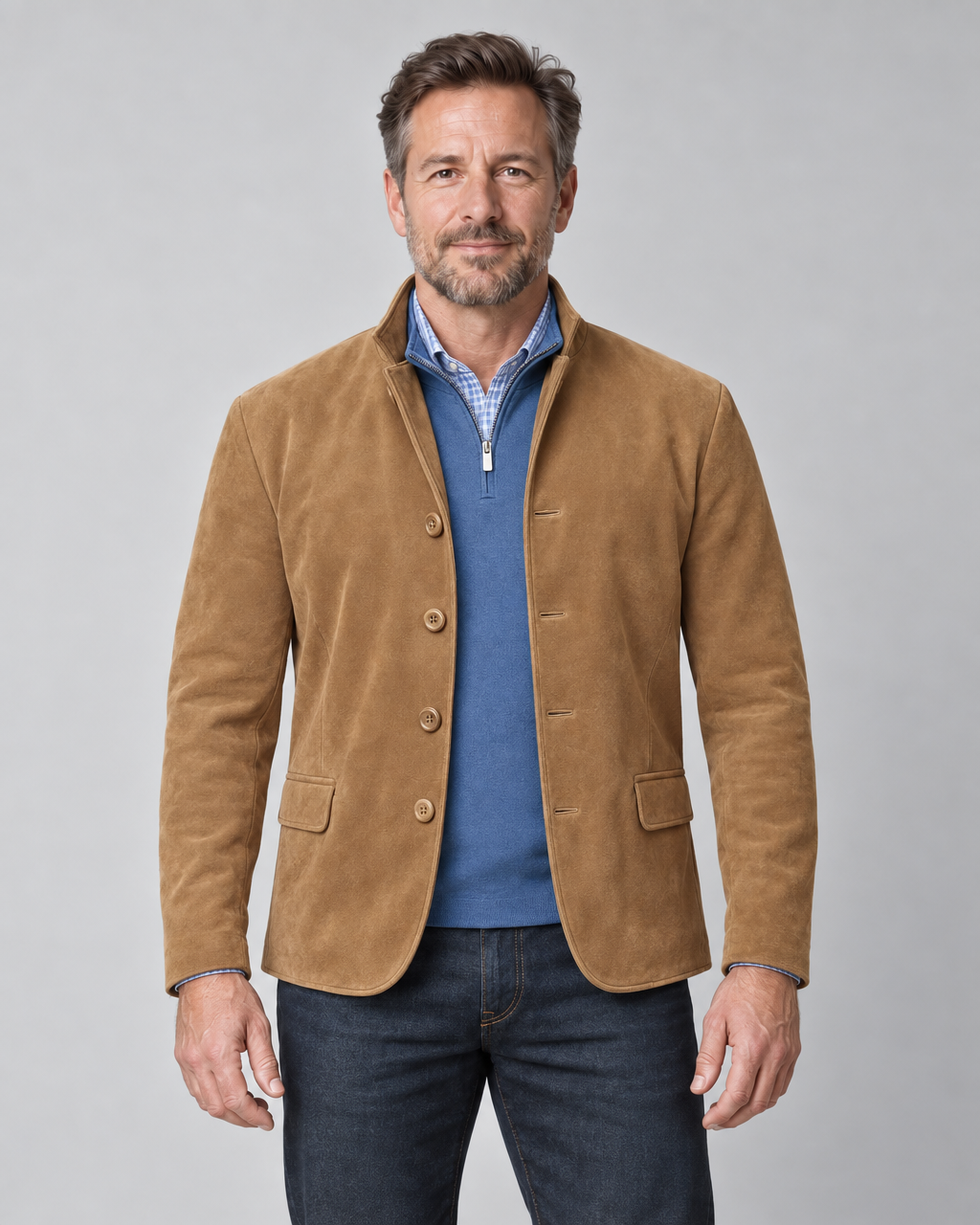 Front cropped view of a man wearing a brown blazer with a stand collar, four buttons and flap pockets